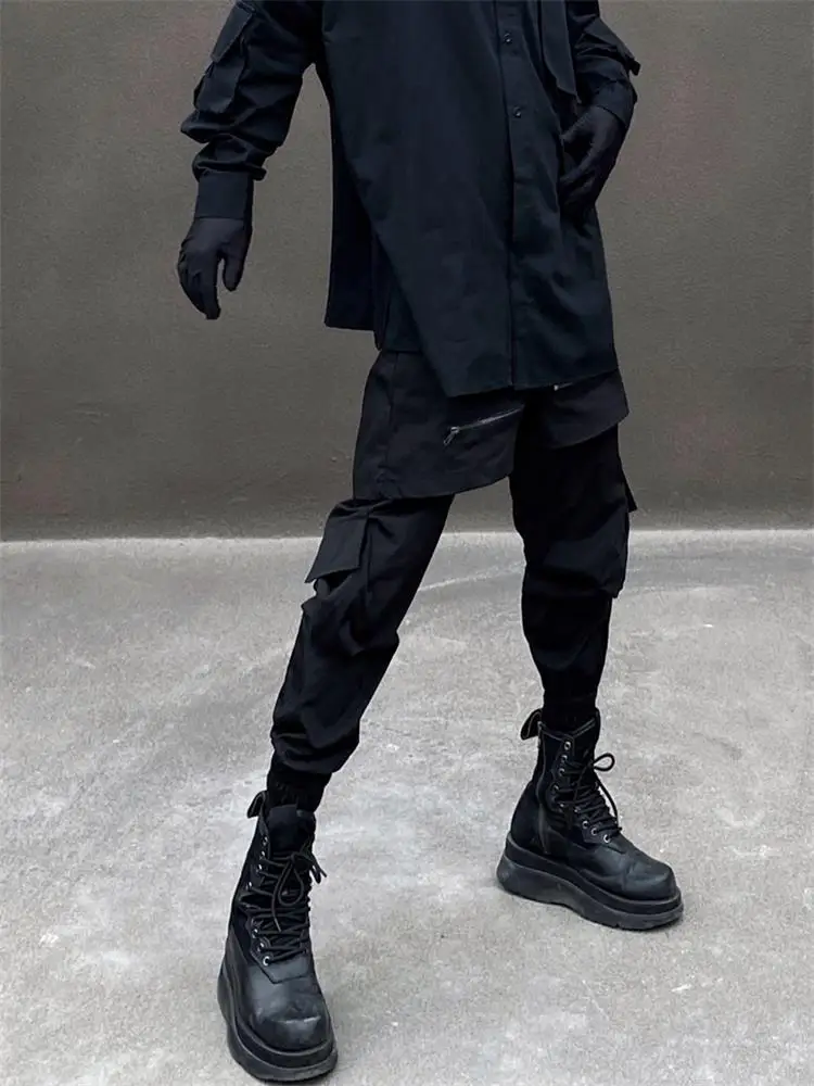 Men's new dark fake two-piece breeches hip hop high street multi-pocket chain oversized cargo pants