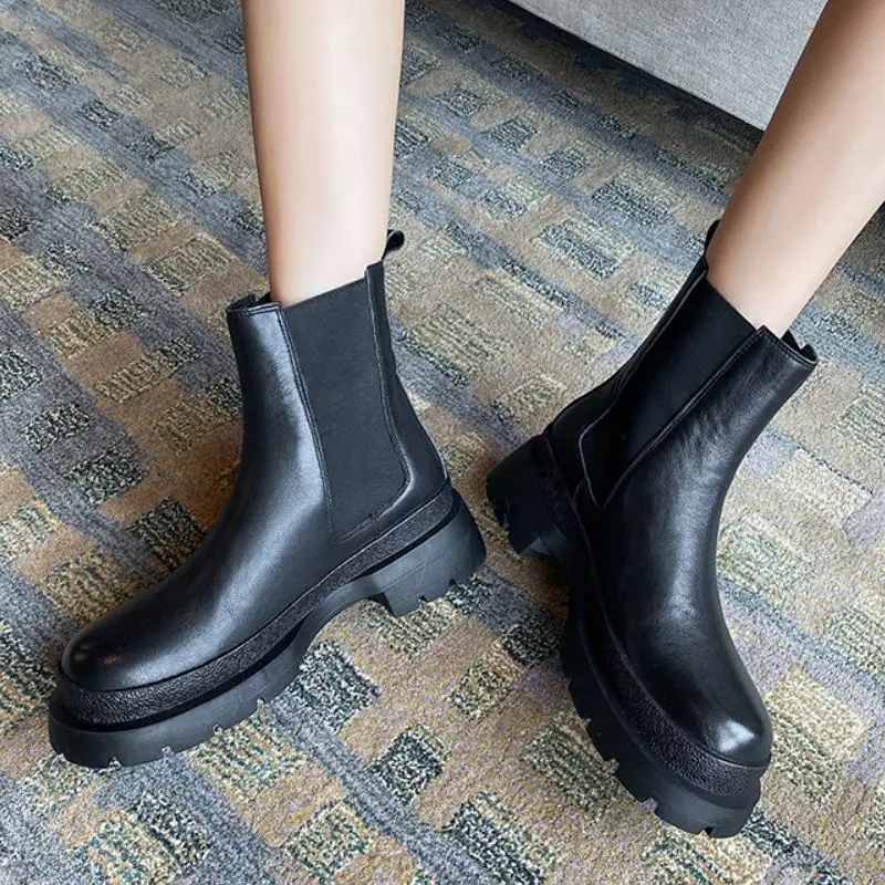 

RIZABINA Real Leather Women Ankle Boots Fashion Platform High Heel Winter Shoes Woman Warm Short Boot Lady Footwear Size 34-39