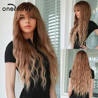 onenonly long brown blonde wigs with bangs water wave heat resistant wavy hair synthetic wig for women daliy natural lolita