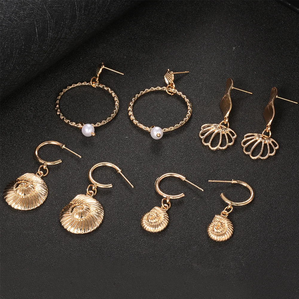

4pair/set Vintage Alloy Shell Conch Earring Set for Women Bohemian Style New Design Shell Starfish Jewelry Party Gift