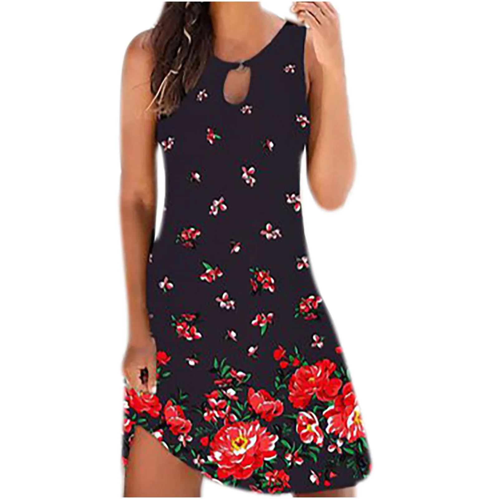 

Women's Fashion Sexy Vintage O-Neck Sleeveless Printed Round Button Dresses zomer jurkjes dames 2021 robe femme