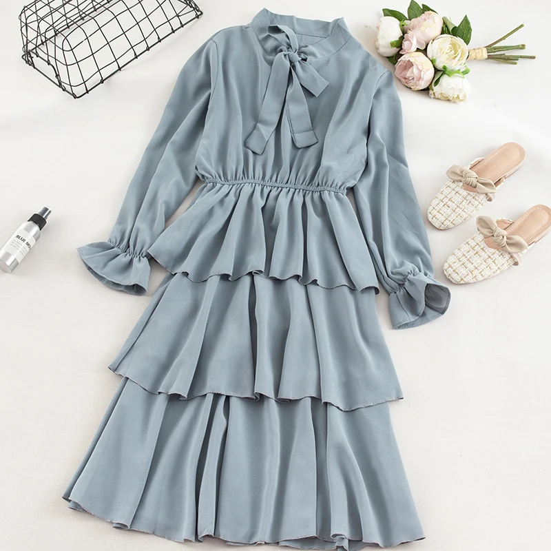 SINGRAIN женское длинное шифоновое Многоярусное платье Осеннее повседневное