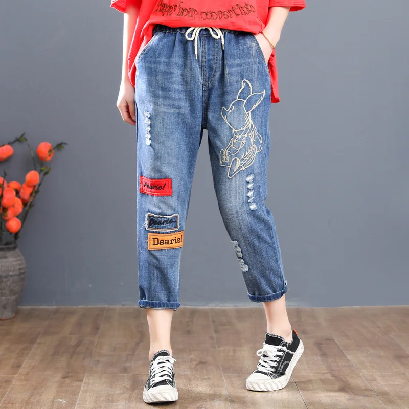 

2021 Ripped Jeans Harem Pants for Women Casual Loose Vintage Embroidery Denim Pants Capris High Waist Jeans Vaqueros