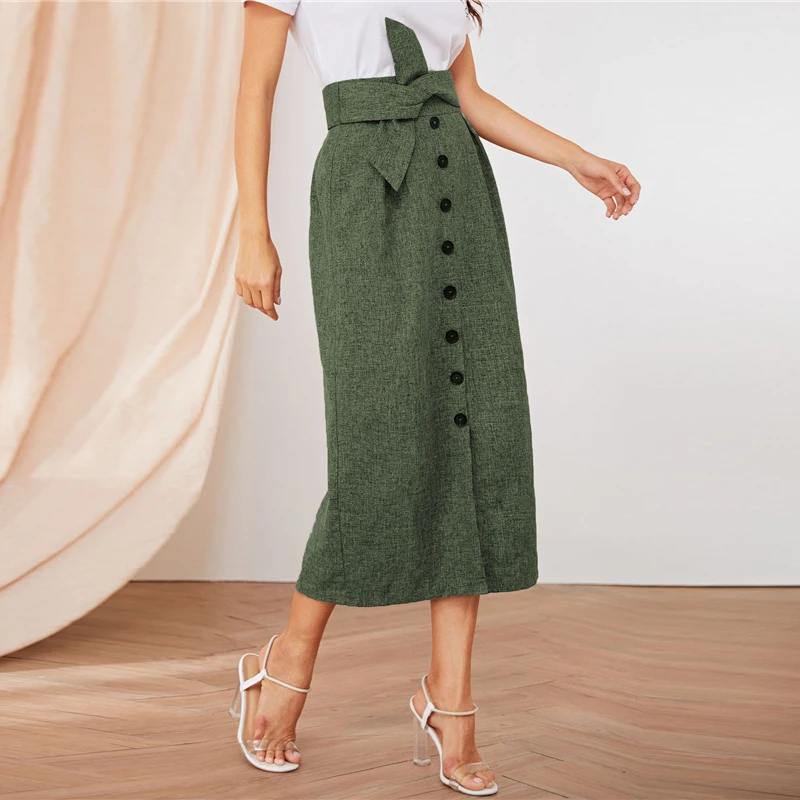 SHEIN пуговица Передняя плиссированная деталь поясом юбки женские лето осень высокая талия Прямые Твердые офисные женские элегантные длинные юбки