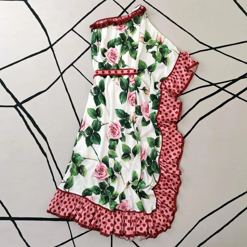 

Plus Size Designer Dress Boho New Women'S High Quality Fashion Rose Flower Print Casual Party Holiday Elastic Band Loose Dresses