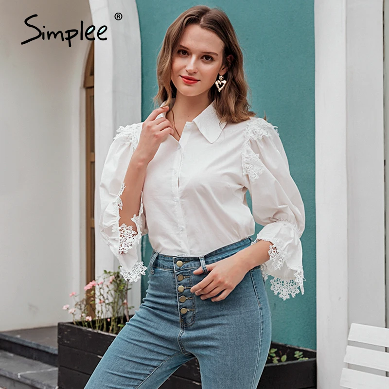 Женская винтажная блузка на пуговицах Simplee белая с кружевными