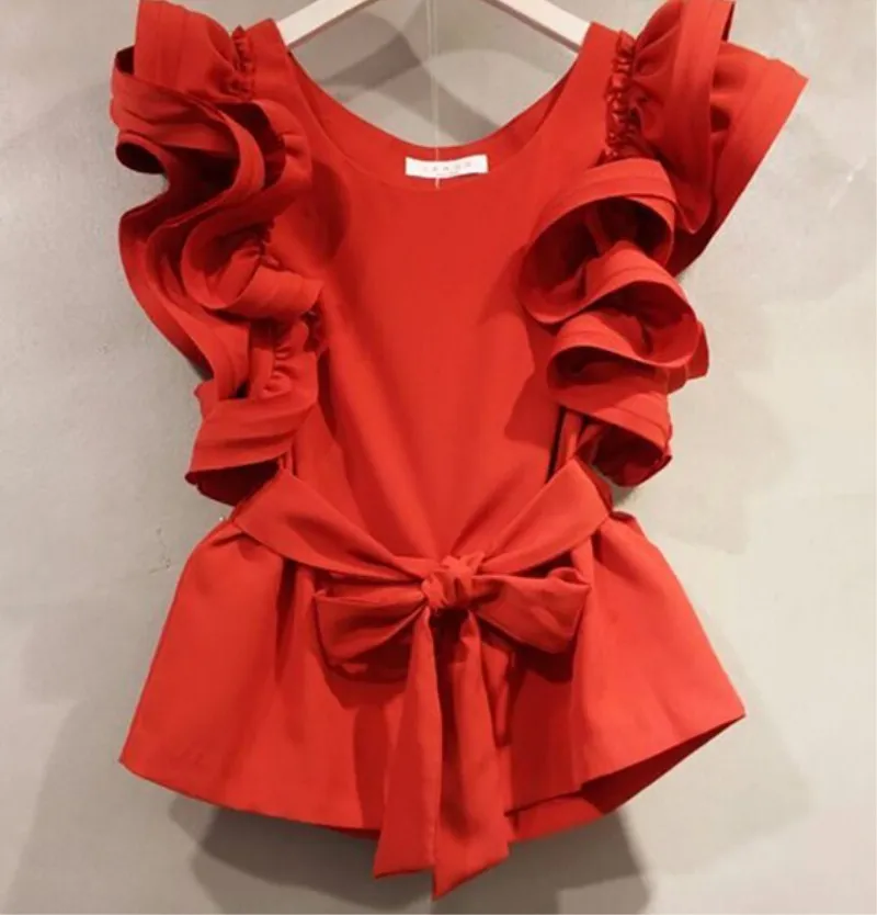 

Милая рубашка с оборками в Корейском стиле, весна-лето 2020, блузка без рукавов, однотонные приталенные Блузы с поясом, женские топы