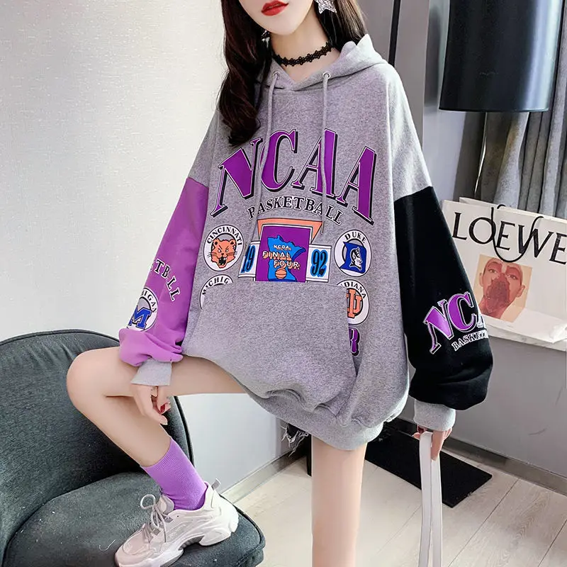 

Contrast hooded sweater women's spring and autumn 2021 new Joker loose thin coat foreign style large size coat