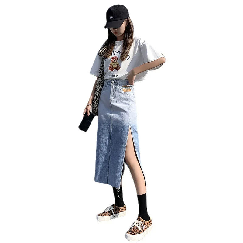 

WANYUCL 2021 summer new fashion women's short skirt gradient color high waist slimming side slit mid-length denim skirt women