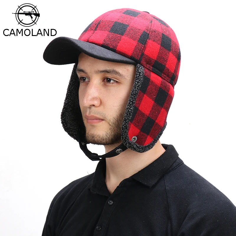 

CAMOLAND Classic Plaid Winter Bomber Hat For Women Men Thicken Fleece Russia Trapper Pilot Hat Male Earflap Baseball Caps