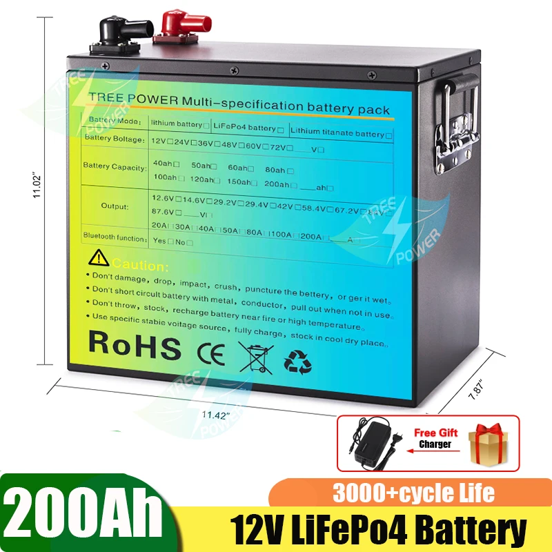 

12V Lithium Iron Phosphate Battery 200Ah Built-in BMS LFP LiFePO4 Battery For RV Wind Solar Energy Scooter Tricycle Boat