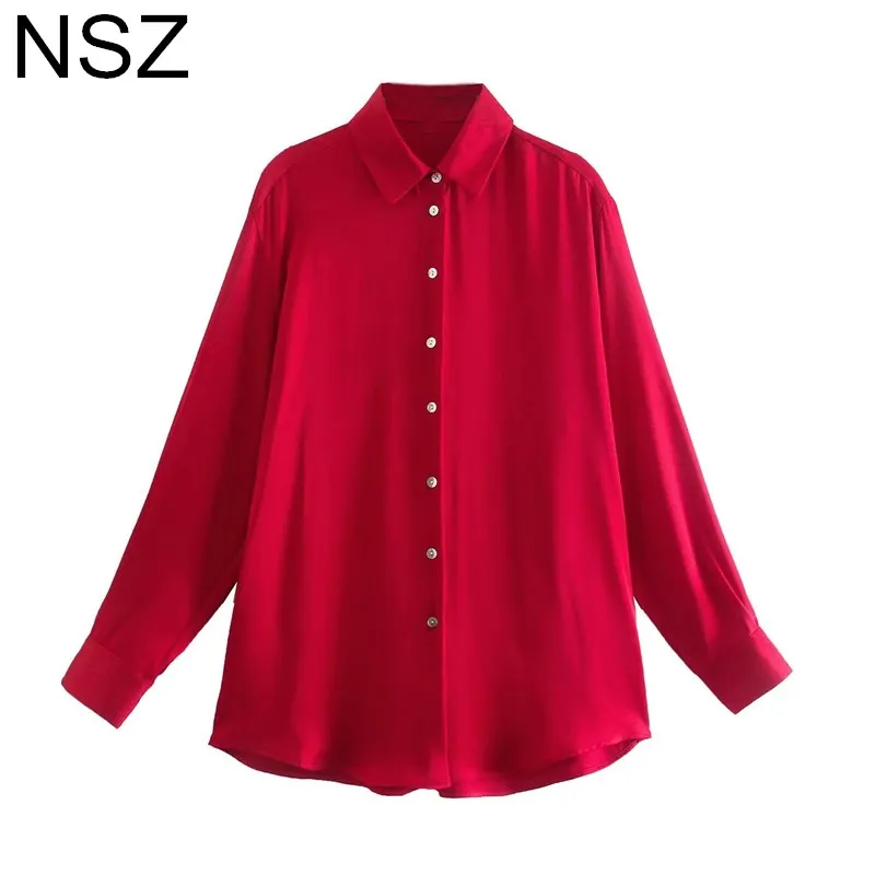 

Женская атласная рубашка-блузка NSZ, красная Элегантная Модная шикарная офисная одежда большого размера, женский топ для работы