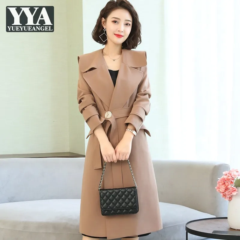 

Элегантный женский длинный тренчкот, Женская винтажная приталенная ветровка с отложным воротником и поясом, верхняя одежда для офиса на ве...