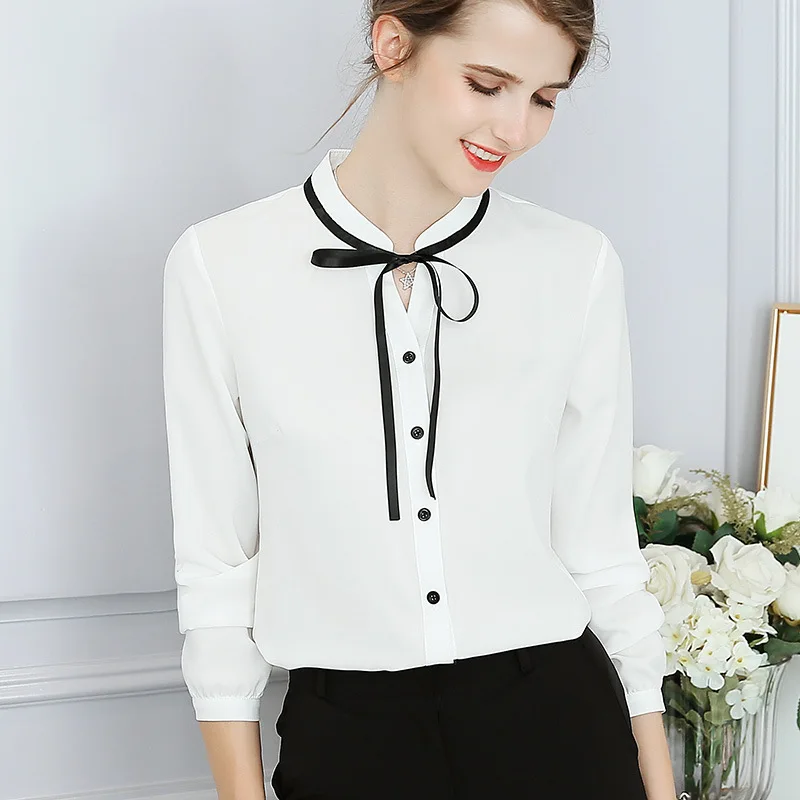 

New Spring Autumn Tops Office Ladies Blouse Fashion Long Sleeve Bow Slim White Shirt Female Cute Bodycon Work Blouses Blusas