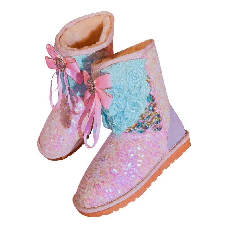 

Sequins Women Winter Snow Boots Women 2020 Handmade Shiny Crystals Lace Bow Mid-Calf Flat Boots Warm Plush Fur Ladies Shoes Pink