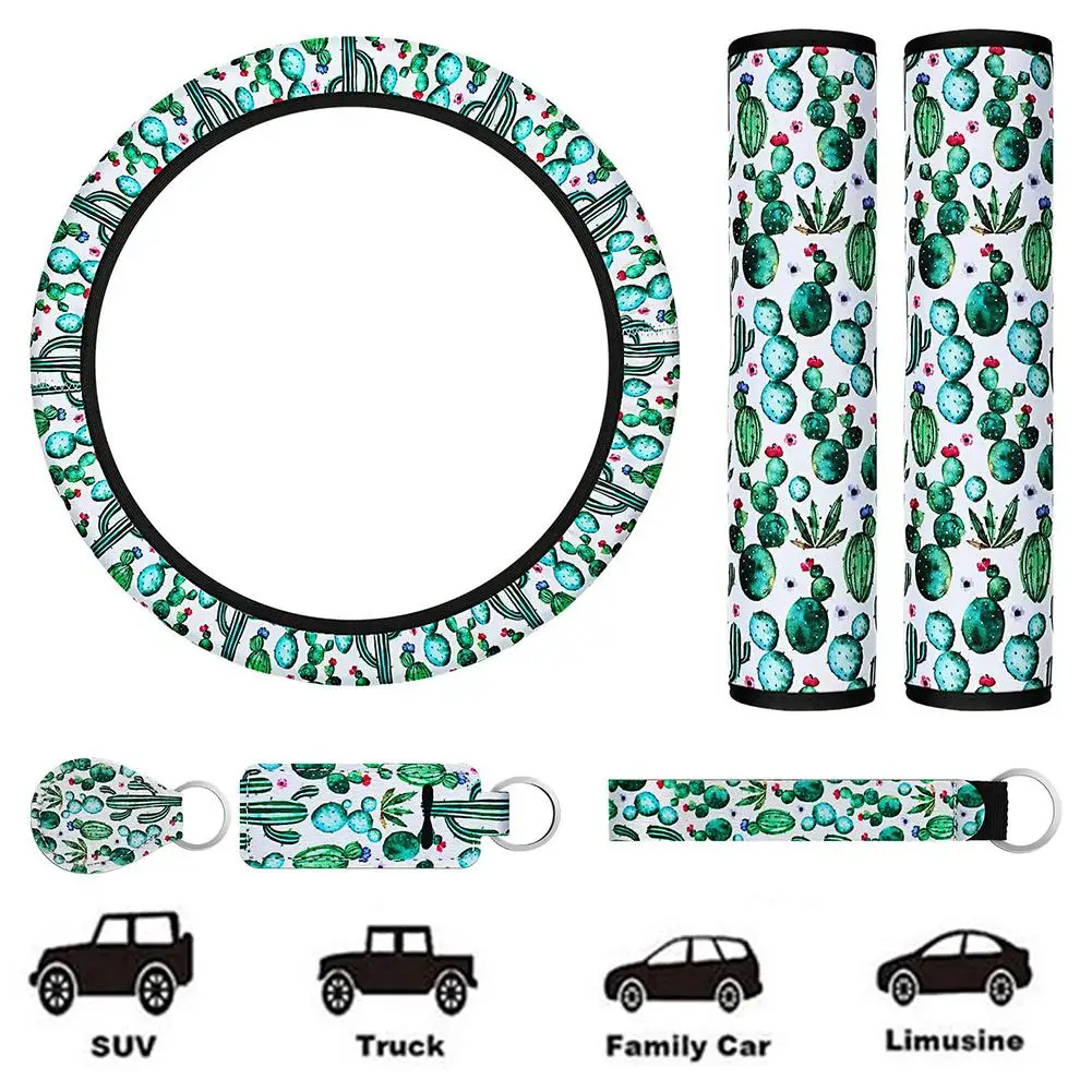 6PCS Cactus Pattern Steering Wheel Cover Key Ring Seat Belt Shoulder Guard Women Car Interior Accessories Decoration Set 6PCS Cactus Pattern Steering Wheel Cover Key Ring Seat Belt Shoulder Guard Women Car Interior Accessories Decoration Set