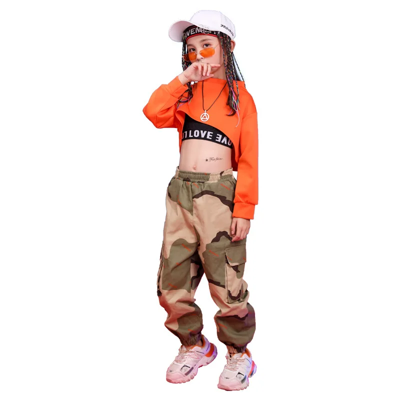 

Kid Cool Hip Hop Clothing High Neck Sweatshirt Top Crop Camouflage Running Casual Pants for Girl Jazz Dance Costume Clothes Wear