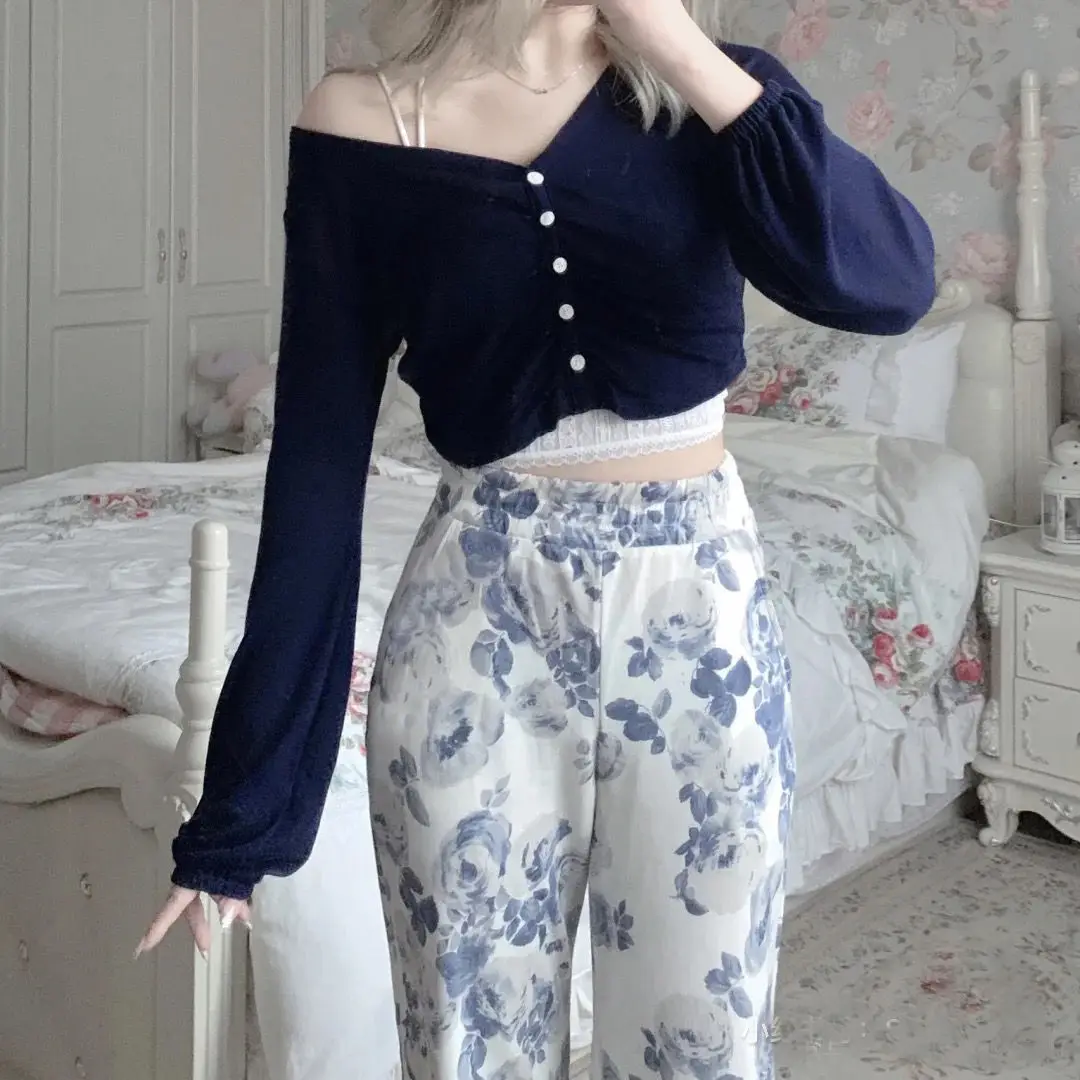 

Summer's new salt pants are versatile, slim, Camellia print straight, loose, high waist and wide leg casual pants for women