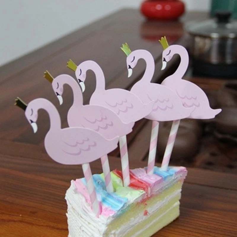 5pcs/lot New Cake Decoration Plugin Elegant Crown Swan Card Flamingo Birthday Insertion Flag Wedding Party Decorations | Дом и сад