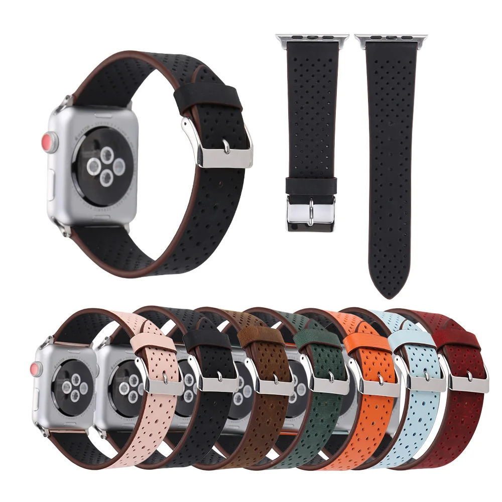 

For Apple Watch Hole Leather Strap 6 5 4 3 2 1 SE Lightweight Watchband Strap For iWatch 44mm 40mm 42mm 38mm Breathable Belt