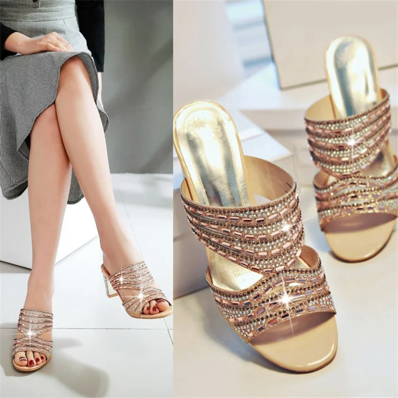 

Women Sandals Summer Shallow Rhinestone Breathable Mixed Colors Female Shoes Slip-on Open Toe Round Toe Fashion Sandalias Mujer