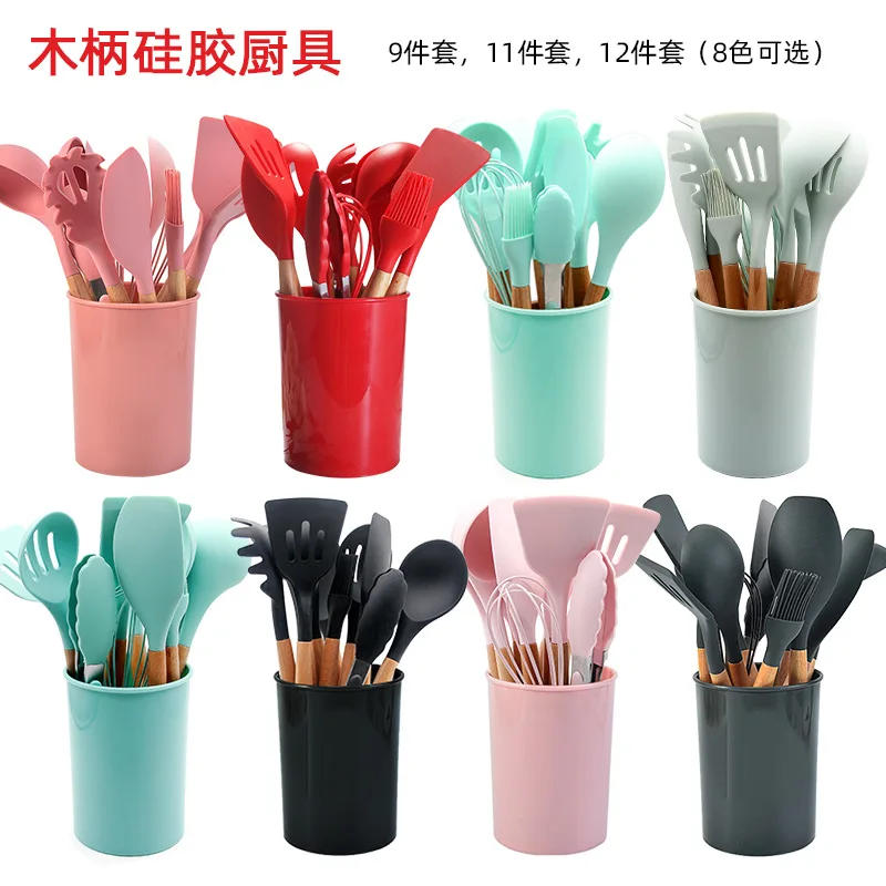 

12PCS Cooking Tools Set Utensils Set Kitchen Silicone Non-stick Spatula Spoon Wooden Utensil on Holder Utensilio De Cozinha