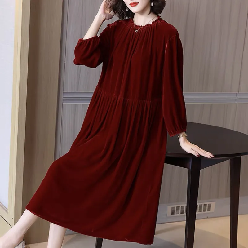 

Spring women Elegant Party Dresses England style Autunm Lantern sleeve velour dress Winter velvet party dress