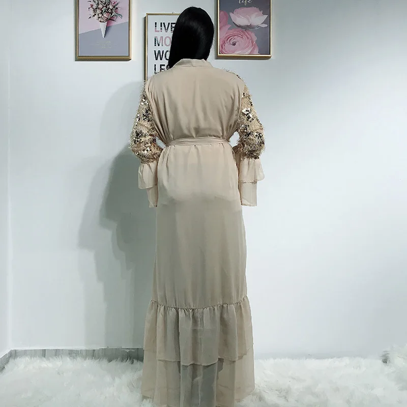 

Abaya Muslim Sequin Belt Women Cardigan Robe Kaftan Abu Dhabi Arabia Saudi Summer Women's Long Skirt Islamic Evening Dress