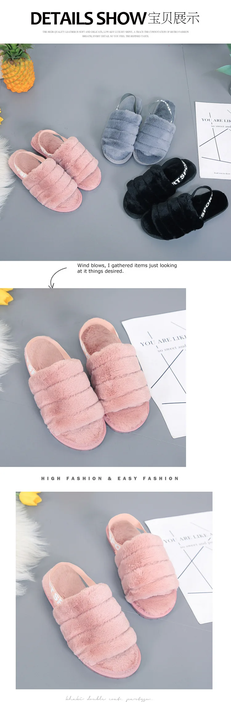 Liam Fuzzy/домашние тапочки с ремешком; женские зимние плюшевые шлепанцы с открытым носком; Милая обувь на нескользящей подошве