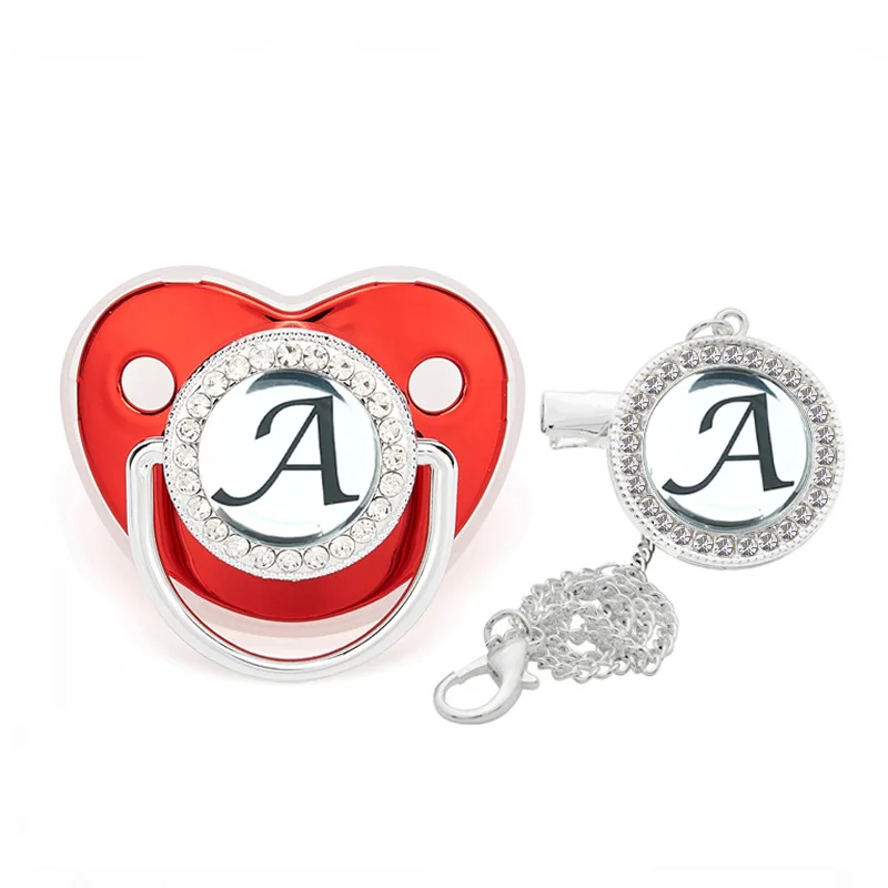 

Silver 26 Name Initial Letters Red Baby Pacifier Clip Bling Luxury Infant Soother Dummy Silicone Nipples Chupeta Sucette 0-12M
