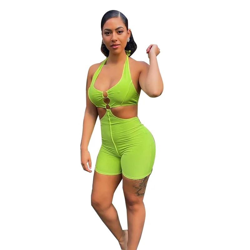 

Women Playsuit Solid Sleeveless Halter Backless Hollow Out Stretchy Bodycon Playsuits Sexy Rompers Casual Outfit Summer