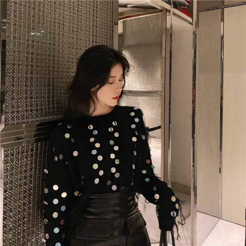 

sweet style Hipster brands loose sequined knitted autumn clothes women sweater moda feminina pullovers loose ladies tops new