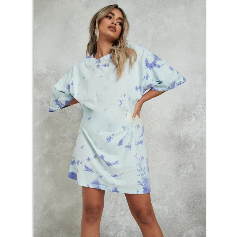 

Женское однотонное платье с принтом, повседневное свободное платье до колен с круглым вырезом и коротким рукавом