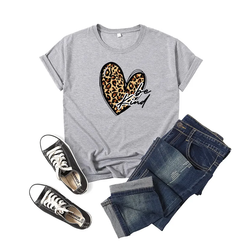 

Be Kind Leopard Letter Print Women T Shirt Short Sleeve O Neck Loose Women Tshirt Ladies Tee Shirt Tops Clothes Camisetas Mujer