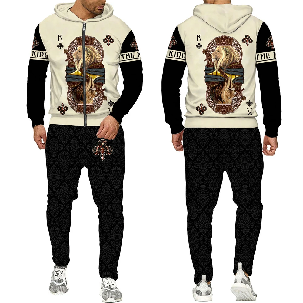 

3D Lion Poker Printed Mens Zipper Hoodie Set Autumn Winter Mens Casual Wear Tracksuit Long Sleeve Mens Clothing Suit