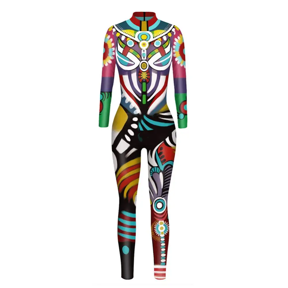 

70% Hot Sell Women Long Sleeve Leopard Digital Print Jumpsuit Bodysuit Cosplay Party Costume
