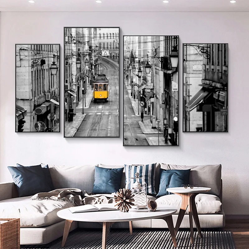 

4 панели современная Картина на холсте в скандинавском стиле черно-белый город здание улица пейзаж постер Настенная картина для декора гост...