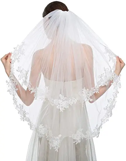 

Engrossing Elegant Wedding Veil 2T Two-tier Elbow Veils Lace Applique Edge with Comb