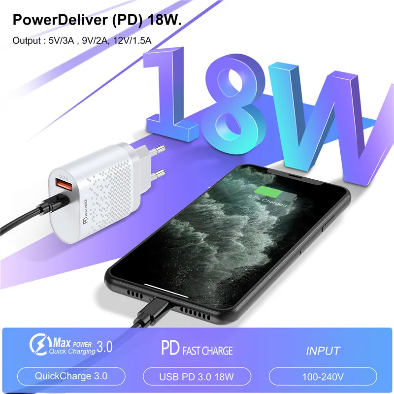 USLION 18W зарядное usb-устройство PD3.0 QC3.0 быстрая зарядка мобильный телефон устройство