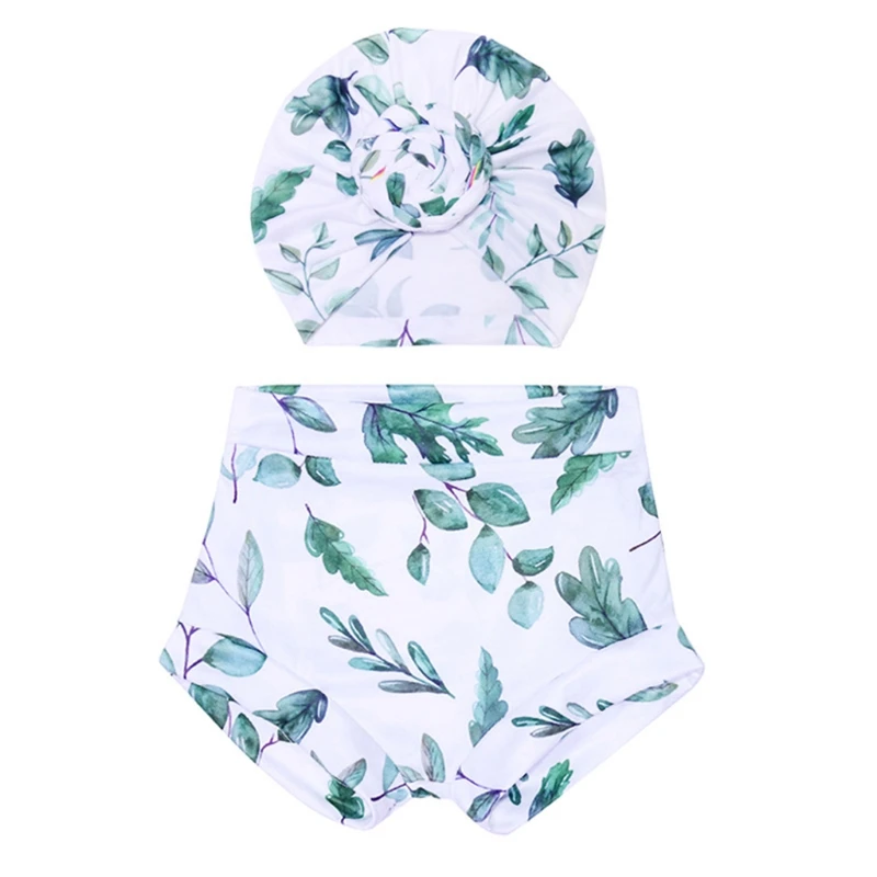 

2 Pcs Baby Summer Print Shorts Turban Hat Set Short Pants Head Wrap Knotted Cap Beanie Kit for Newborn Infants