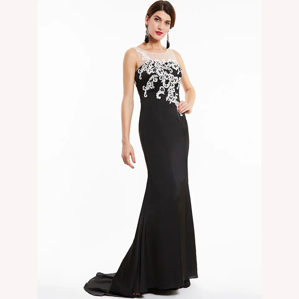 

Dressv black long evening dress cheap scoop neck sleeveless appliques wedding party formal dress mermaid evening dresses