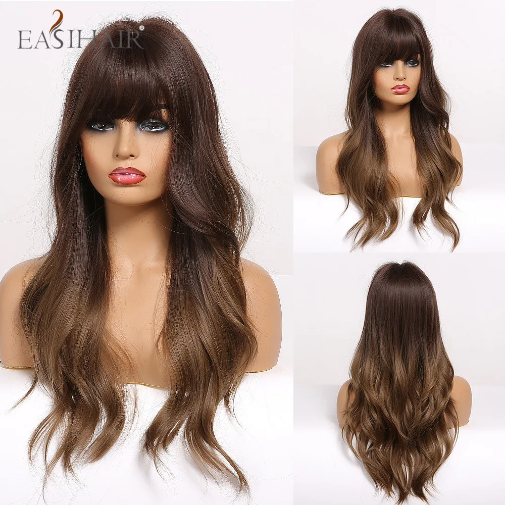 

EASIAHIR Women Synthetic Wigs Ombre Dark Brown Long Wavy Wigs with Bangs Cosplay Heat Resistant Wigs for Women African American