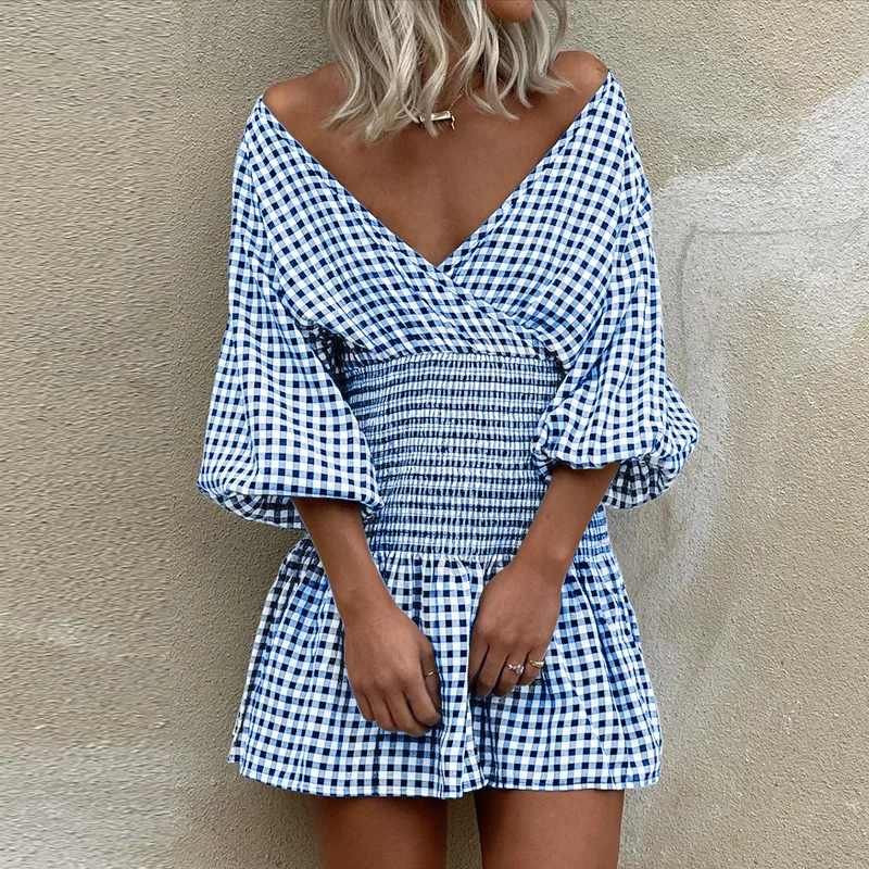 

Women New Vintage Lantern Sleeve Spring Fashion Party Dress Summer Sexy V-Neck Off Shoulder Dress Elastic Waist Plaid Mini Dress
