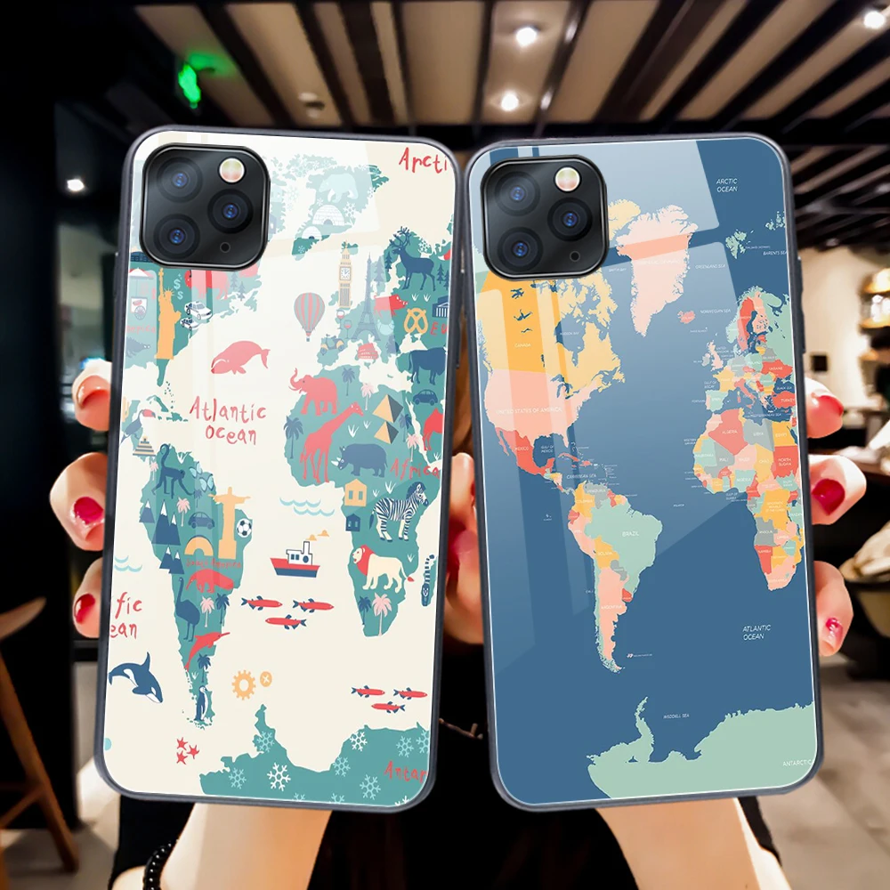 

World Map Travel Tempered Glass Case For iPhone 11 13 12 Pro Max Xs Mini Cover For iPhone 6 S 7 8 Plus X XS Max XR SE 2020 Cases