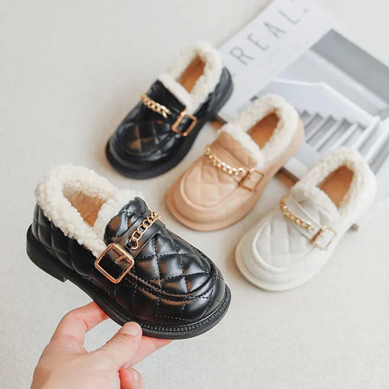 

Кроссовки Детские с мехом, кожаные лоферы, без застежки, бархатная обувь, черные, белые, на осень/зиму