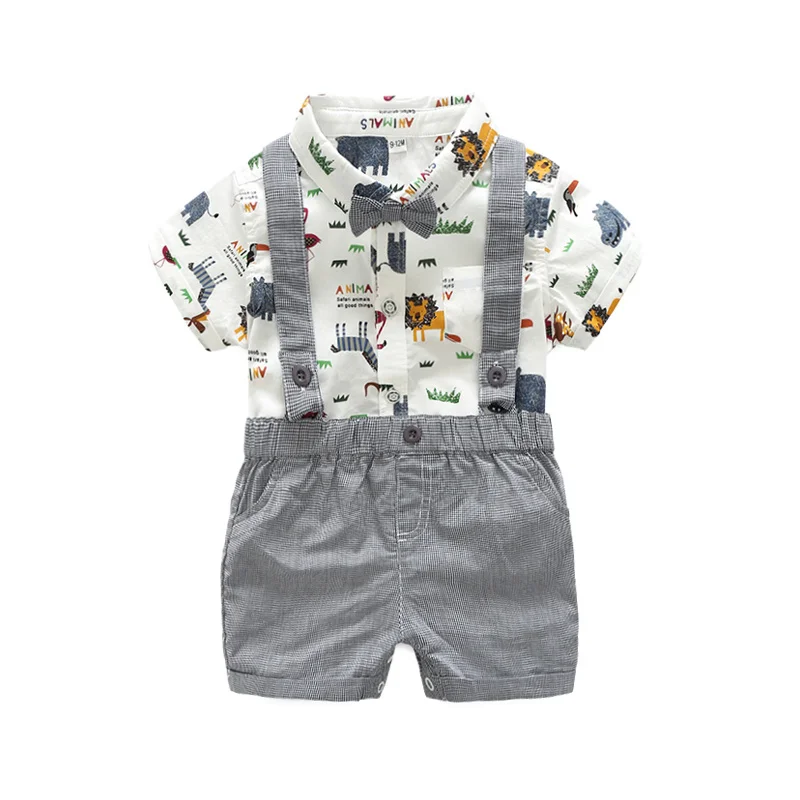 Summer Baby Clothing Sets Cotton 4 Piece Kids Suits Boy Clothes Cartoon Lion Zebra Printed Bodysuits+Bow Tie+Suspender+Shorts | Детская