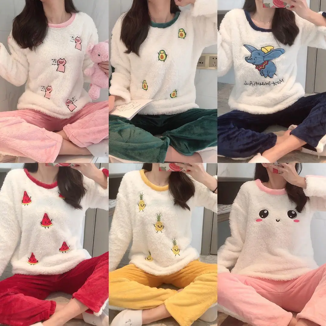 

2021 Woman Household To Take Qiu Dong Flannel Suit Thickening Plush Cartoon Cute Cartoon Coral Fleece Pajamas