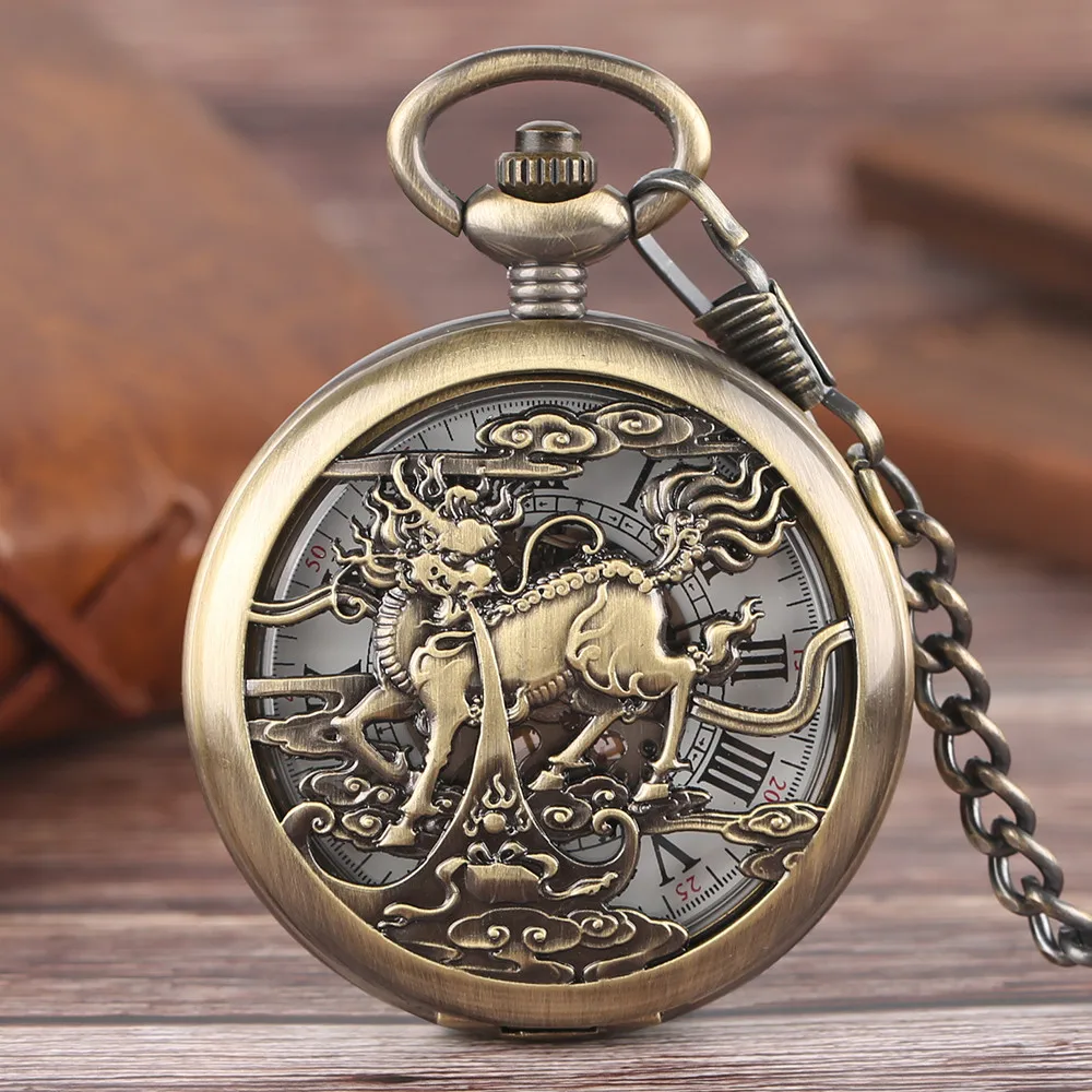 Bronze Hollow Auspicious Animals Design Automatic Mechanical Pocket Watch Luxury Elegant Vintage Self Winding Pendant Timepiece