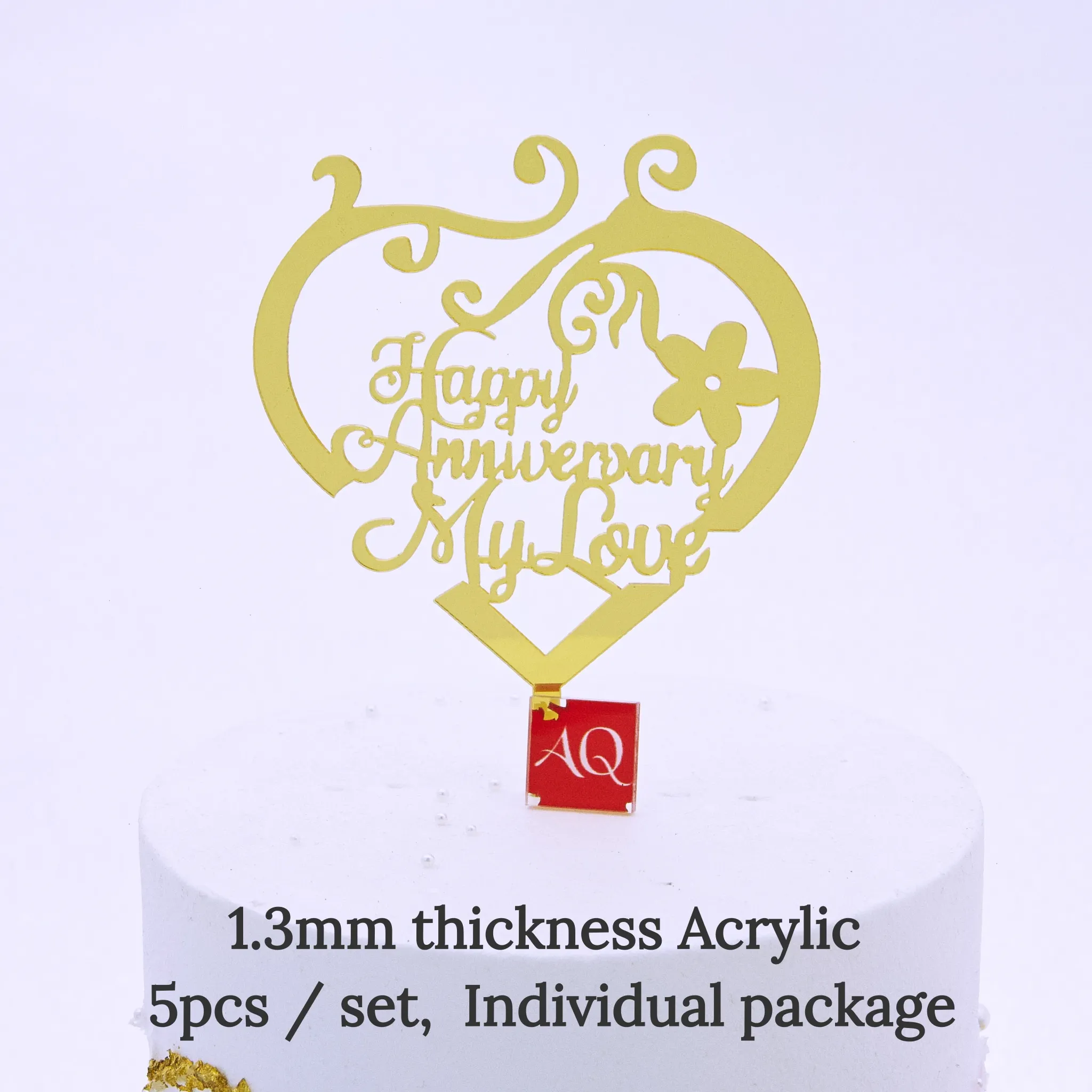 Paquete Individual de 5 piezas para pastel de cumplea&ntilde;os de novia, adorno de acr&iacute;lico dorado para boda, proveedor de fiesta-2