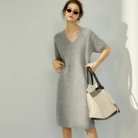 european and american trend v neck high grade cashmere sweater womens short sleeved wild loose long knitted jumper wool dress